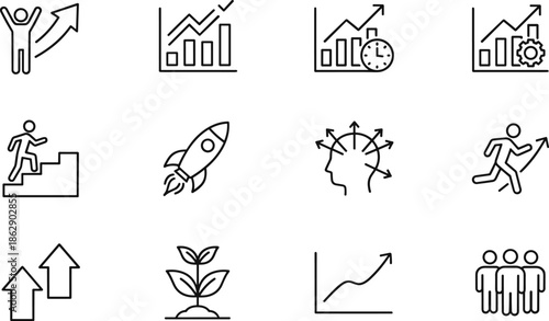 Business growth and personal success line icon set featuring rising financial charts, rocket launch, career advancement steps, achievement goals, and leadership development symbols.