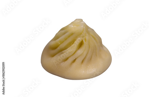 A close-up of a single Xiao Long Bao (soup dumpling) isolated on white. The image highlights the texture and delicate appearance of the popular Chinese dim sum dish.