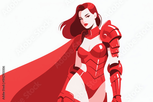 Red haired warrior woman in red armor and cape standing confidently in heroic fantasy pose.