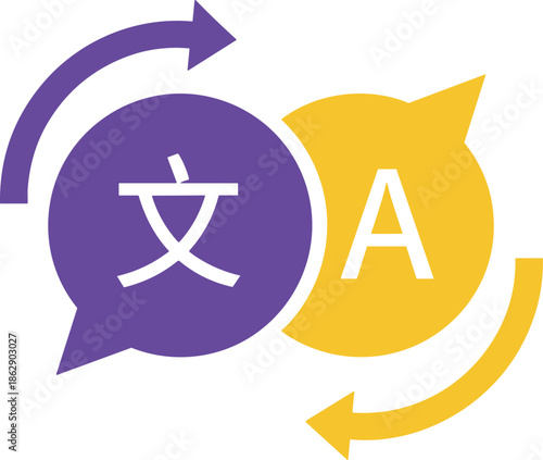 Language translation and global communication icon featuring speech bubbles with foreign alphabet characters for dictionary and online interpreter services.