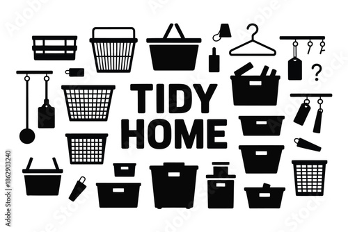Tidy home organization graphic displays numerous storage containers.