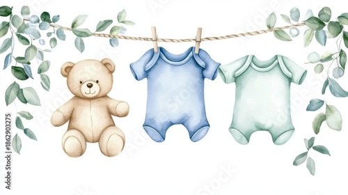 Whimsical watercolor artwork featuring baby clothes on a clothesline.