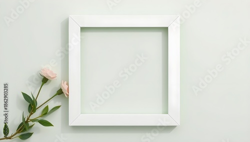 Top View of White Square Frame with Pink Flower. Minimalist Spring Mockup with Copy Space