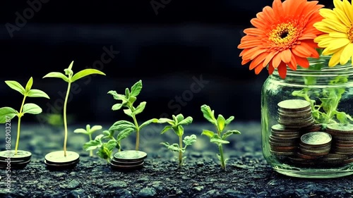 Financial Growth Concept Plants Sprouting From Coins in Jar and on Ground.