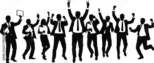 Silhouettes of business team celebrating success, black figures, expressive gesture, white background, corporate achievement and teamwork illustration