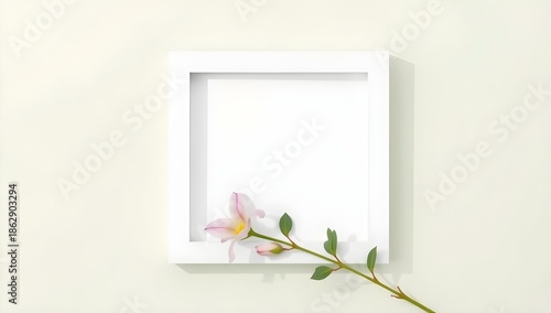 Top View of White Square Frame with Pink Flower. Minimalist Spring Mockup with Copy Space
