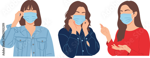 Set of Three Women Wearing Blue Medical Face Masks Vector Illustration for Health Protection and Virus Safety
