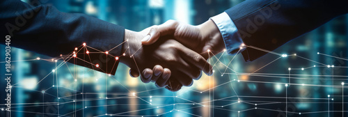 Businessmen handshake with digital growth graph overlay and cityscape background symbolizing successful partnership teamwork business deal and financial progress concept