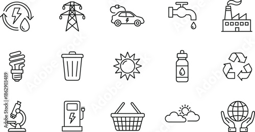 Sustainable ecology and green energy line icon set featuring electric car, recycling, solar power, water conservation, and environmental protection symbols.