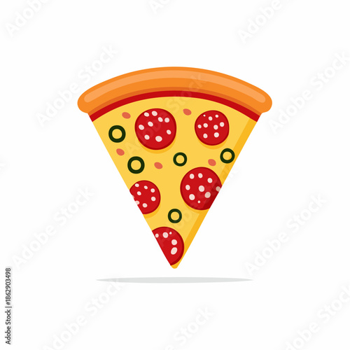 Appetizing vector illustration of a pizza slice, featuring vibrant pepperoni, savory cheese, and green olive toppings, ideal for food menus, web icons, or snack advertisements
