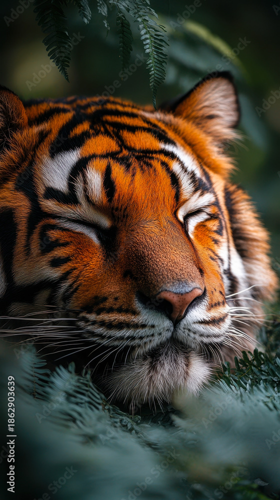 Fototapeta premium Close-up of peaceful tiger face with eyes closed resting among green foliage in natural forest habitat wildlife portrait
