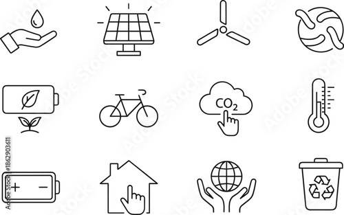 Set of environmental ecology and renewable energy line icons featuring solar panels, wind turbines, electric vehicle charging, recycling symbols, and sustainable lifestyle elements.