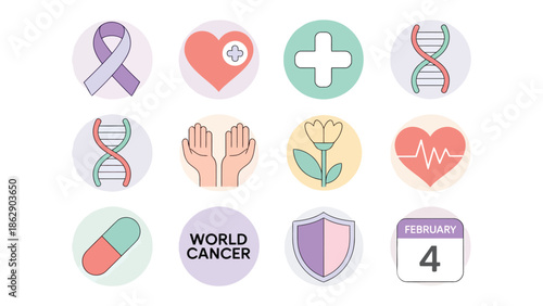 World Cancer Awareness: A collection of health and cancer awareness icons, including ribbons, hearts, pills, DNA strands, hands, a flower, a shield, and a calendar celebrating World Cancer Day.