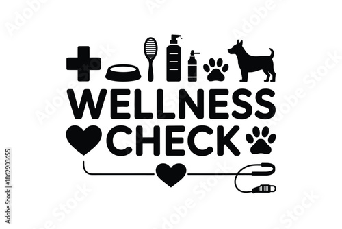 Pet wellness check logo design features a dog, paw prints, and medical.