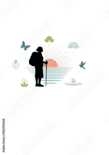 Me Moon Solo Travel Silhouette for Women Over 50 and Restorative Retreats Transformative Personal Growth and Independence Concept Vector