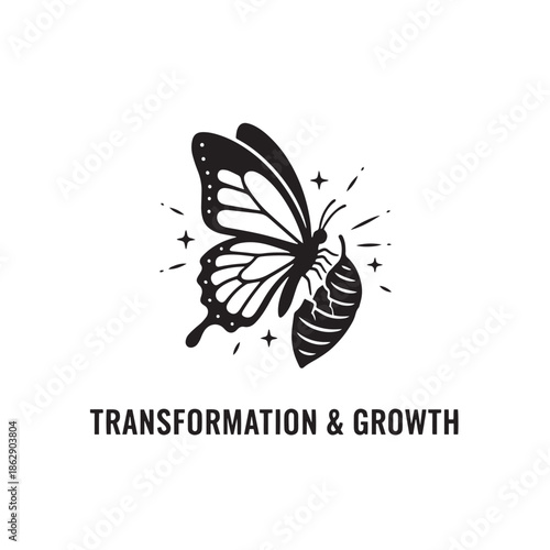 silhouette of butterfly emerging from cocoon white background