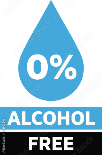 Blue and black minimalist vector icon featuring a water drop with zero percent text and alcohol free labels for beverage packaging and healthy lifestyle product branding.