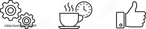 Professional black outline icon set including mechanical gears for settings, coffee cup with clock for break time, and thumbs up for social approval.