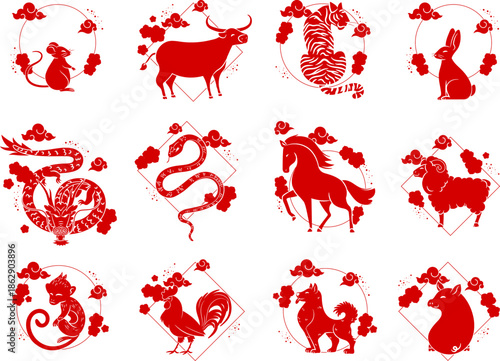 Complete 12 Chinese Zodiac Animal Sign Vector Icon Set