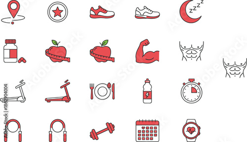 Black line icon set featuring time management clock customer support help desk fitness gym health lifestyle shopping retail apparel and business symbols.