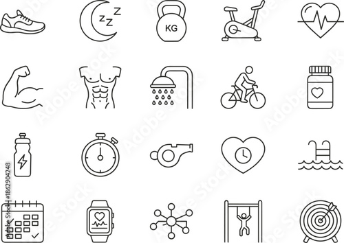 Black line icon set featuring time management clock customer support help desk fitness gym health lifestyle shopping retail apparel and business productivity vector symbols.