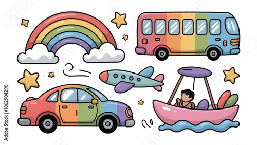 Rainbow Journey: Vibrant and cheerful illustrations of a rainbow, a bus, an airplane, a car, a boat and star creating a delightful scene of travel and imagination.