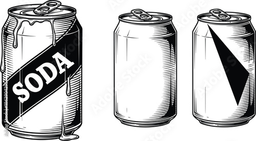 Set of Three Vintage Engraving Style Aluminum Beverage Can Vector Illustrations with Dripping Soda