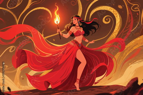 Torch bearing woman in flowing red dress with gold jewelry standing on rocks amid swirling magical flames.