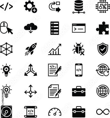 Software Development and Programming Solid Glyph Icons Set - Coding, Web Technology, and Data Management Symbols