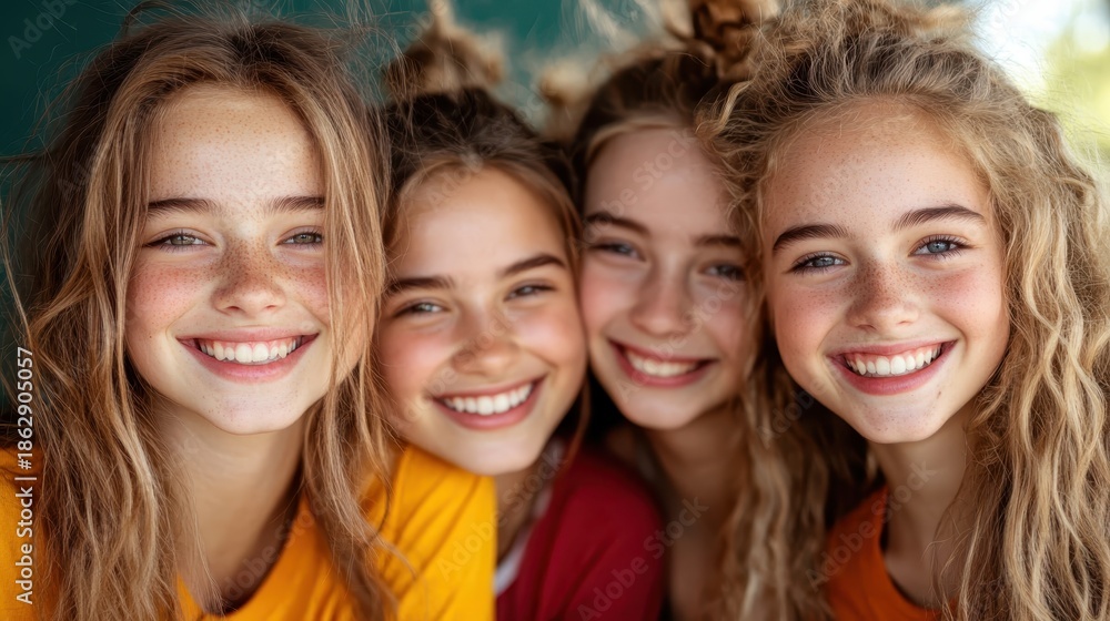 Fototapeta premium Four joyful girls are posing closely together, showcasing their bright smiles, spontaneity, vibrant hair, and enthusiasm, creating an engaging and cheerful atmosphere.