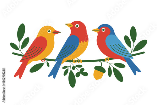 Three colorful songbirds perch closely upon a leafy branch with an acorn.