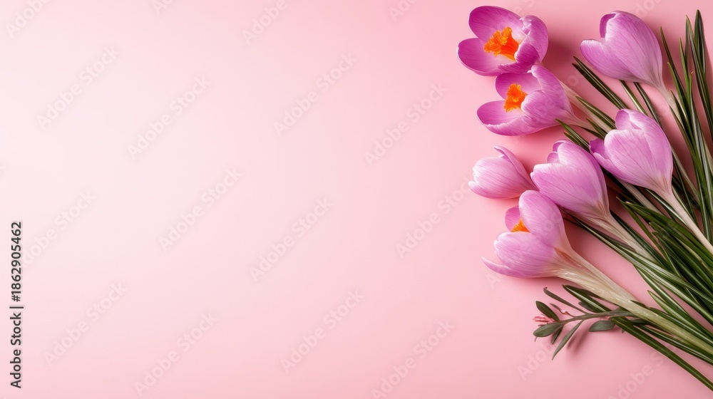 Fototapeta premium An elegant display of delicate pink crocuses with bright orange centers on a soft pink backdrop, symbolizing renewal and the beauty of springtime blooms.