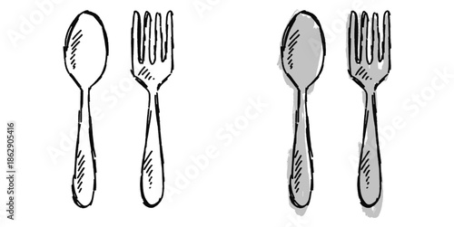Grunge sketch handdrawn fork spoon vector for food trucks. Ideal for rustic dining, artistic menus, and edgy culinary branding.