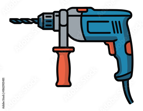 Electric power drill tool for construction and repair work is isolated on white.