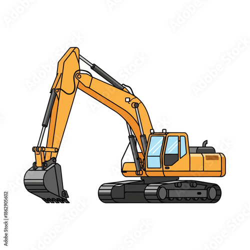 Industrial Orange Excavator Machine with Bucket and Tracks on White Background