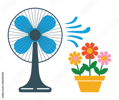 Electric standing fan blows cool air toward potted colorful spring flowers in a.