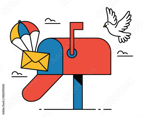 Brightly colored mailbox receives an envelope delivered by a flying dove.