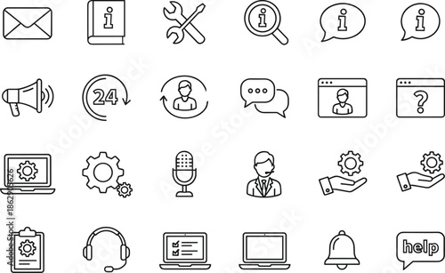 Black line business icon set featuring time management clock stopwatch calendar 24 hours service customer support help desk battery status and office productivity symbols.