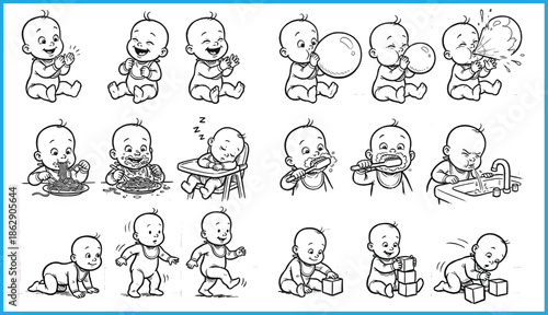 Set of 12 black line icons showing baby activities including crawling, eating, brushing teeth, and stacking blocks for vector illustration content