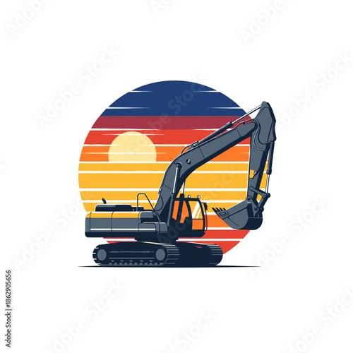 Excavator Silhouette at Sunset: Construction Machine on Tracks, Retro Vibe