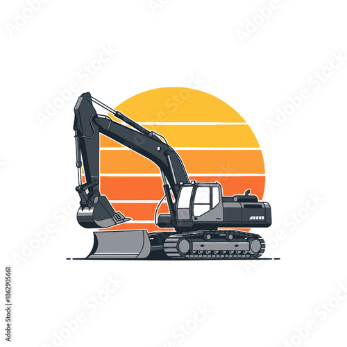 Excavator Construction Machine Digging Equipment Industrial Vehicle Sunset Graphic