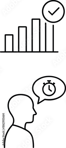 Black line time management icon set featuring clock stopwatch calendar hourglass 24 hours schedule deadline battery status home office growth and productivity symbols for business.