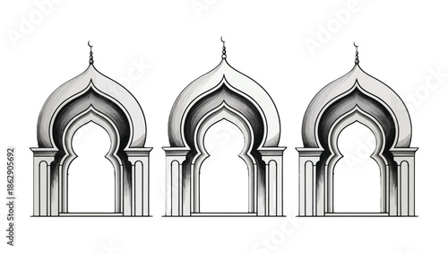Architectural Arches: Captivating monochrome perspective of three elegant arches, a testament to intricate craftsmanship. Each arch exudes grace and grandeur.