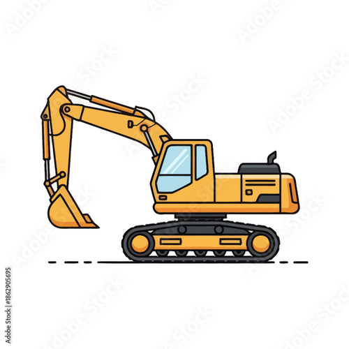 Yellow excavator machine on tracks, construction vehicle illustration, isolated on white background