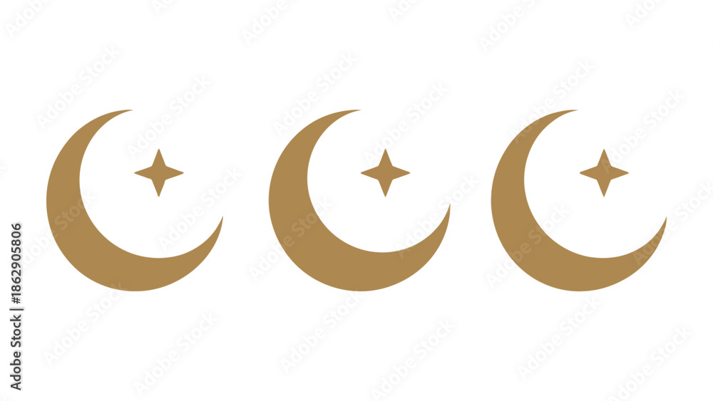 Obraz premium Celestial Trio: Three golden crescents and stars align in a harmonious arrangement, evoking a sense of wonder and serenity. 