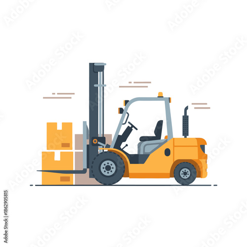 Forklift truck lifting stack of boxes in warehouse, flat illustration, logistics concept