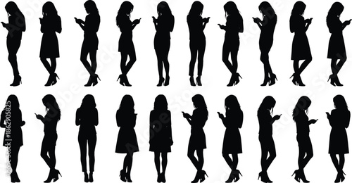 Set of Twenty Female Figures Texting, Browsing, and Using Smartphones in Various Poses.