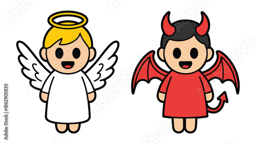 Child angel and devil figures stand side by side illustrating moral choices.