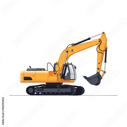 Modern Yellow Excavator Machine Isolated on White Background - Construction Vehicle