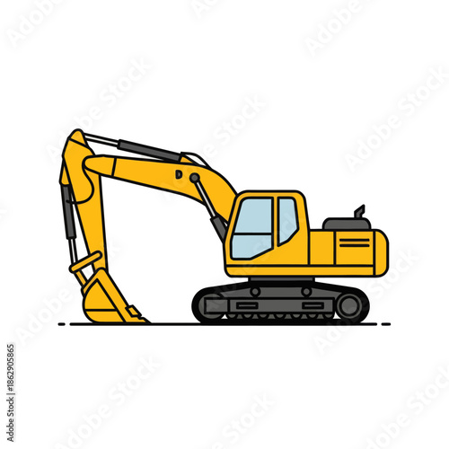 Yellow excavator construction machine, illustration, side view, isolated on white background